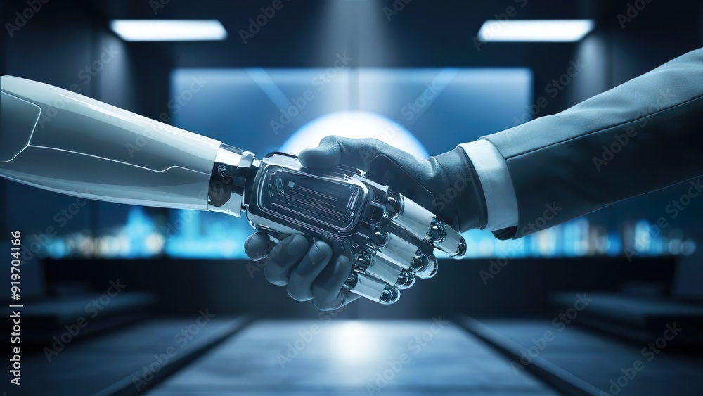 human and robot hand shaking picture, collaboration between humans and robots image, ai and human partnership visual, business handshake with a robot arm, futuristic handshake concept photo