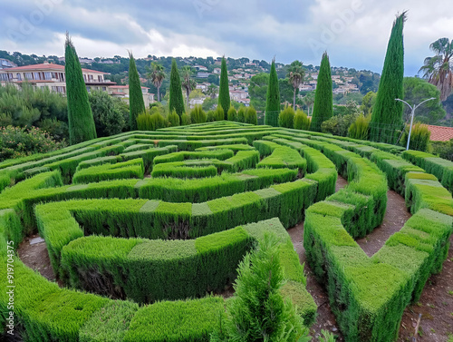 A maze made of hedges with a view of the city in the background. The hedges are trimmed and well-maintained, giving the impression of a peaceful and serene environment photo