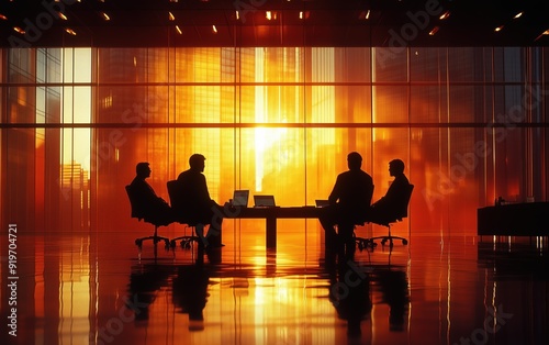 A lawyer mediates a tense negotiation between two parties, facilitating communication and seeking a mutually agreeable solution in a neutral conference room, sunlight streaming through the windows. photo