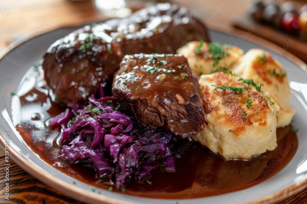 Sauerbraten: A plate of sauerbraten pot roast with red cabbage and dumplings Sauerbraten: A plate of sauerbraten pot roast with red cabbage and dumplings