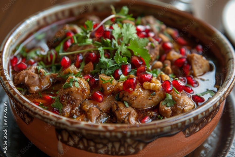 Fesenjan: A bowl of fesenjan stew with chicken, pomegranate molasses, and walnuts Fesenjan: A bowl of fesenjan stew with chicken, pomegranate molasses, and walnuts
