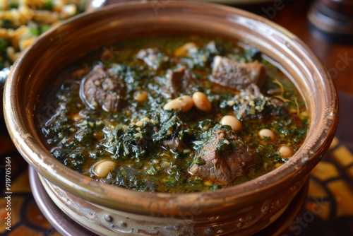 Ghormeh Sabzi: A bowl of ghormeh sabzi herb stew with lamb and beans photo