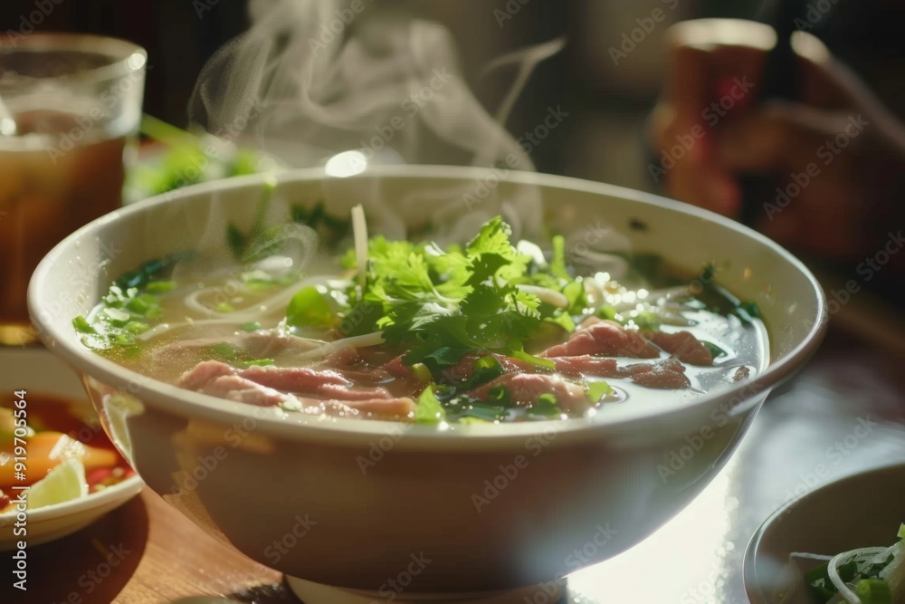 Pho: A steaming bowl of pho with rice noodles, beef slices, and fresh herbs Pho: A steaming bowl of pho with rice noodles, beef slices, and fresh herbs