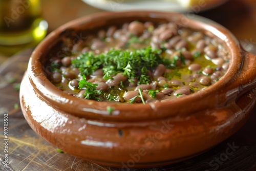 Ful Medames: A dish of ful medames, cooked fava beans garnished with olive oil and parsley photo