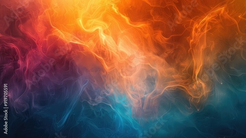 Abstract background with vibrant blue, orange, and red smoke swirls.