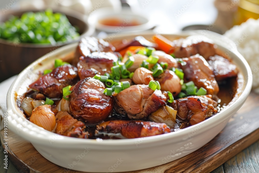 Adobo: A dish of chicken or pork adobo marinated in vinegar, soy sauce, and garlic Adobo: A dish of chicken or pork adobo marinated in vinegar, soy sauce, and garlic