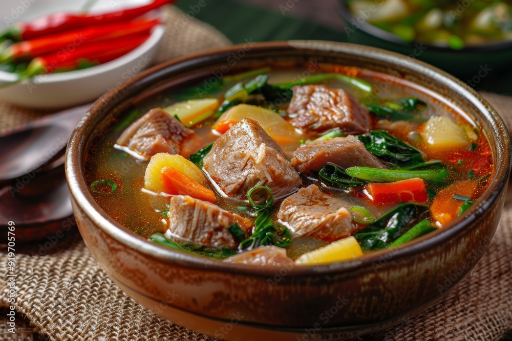 Sinigang: A bowl of sour sinigang soup with meat and vegetables Sinigang: A bowl of sour sinigang soup with meat and vegetables