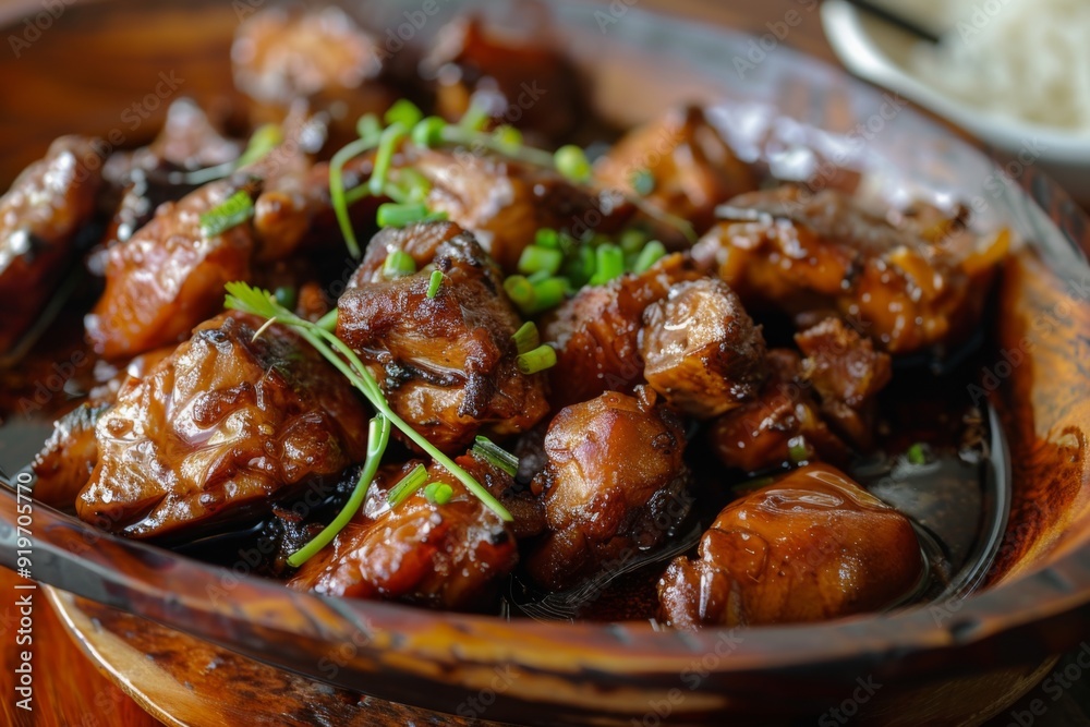 Adobo: A dish of chicken or pork adobo marinated in vinegar, soy sauce, and garlic Adobo: A dish of chicken or pork adobo marinated in vinegar, soy sauce, and garlic