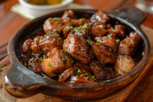 Adobo: A dish of chicken or pork adobo marinated in vinegar, soy sauce, and garlic