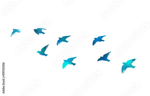 A flock of blue birds. hand drawing. Not AI. Vector illustration