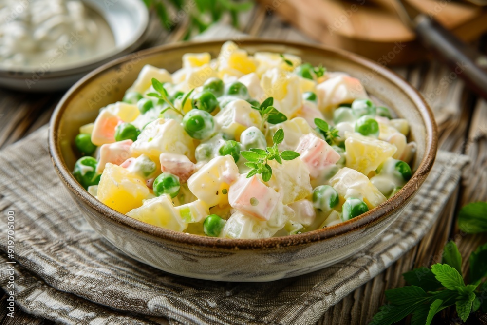 Olivier Salad: A bowl of olivier salad with potatoes, peas, and mayonnaise Olivier Salad: A bowl of olivier salad with potatoes, peas, and mayonnaise
