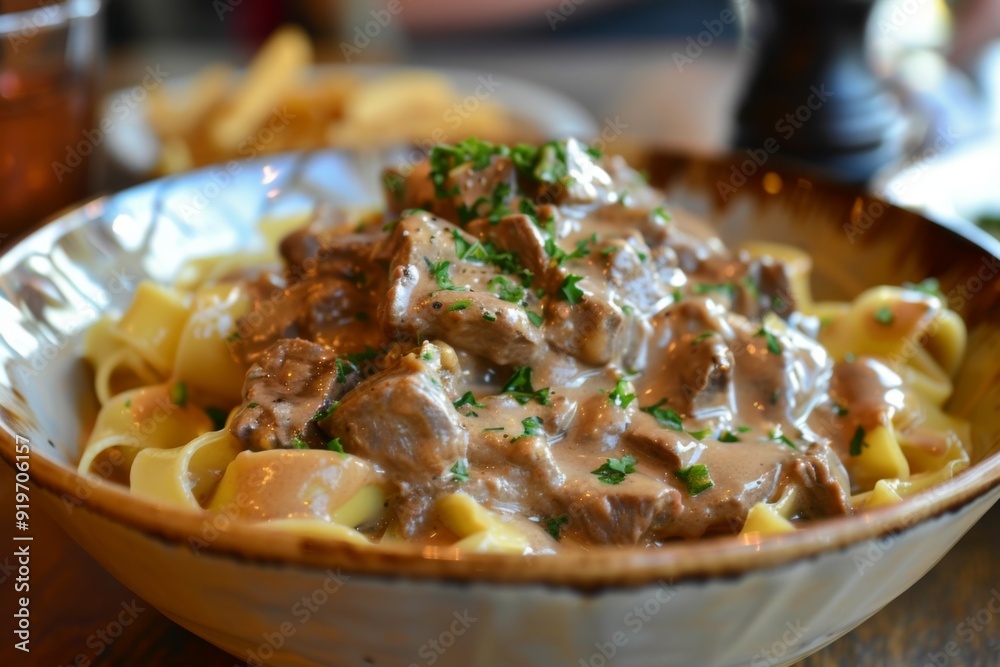 Beef Stroganoff: A dish of beef stroganoff served over buttered noodles Beef Stroganoff: A dish of beef stroganoff served over buttered noodles