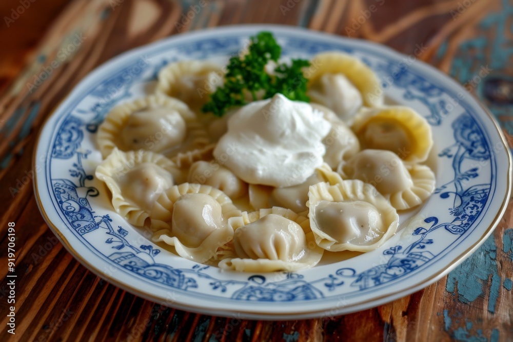 Pelmeni: A plate of pelmeni dumplings with a side of sour cream Pelmeni: A plate of pelmeni dumplings with a side of sour cream