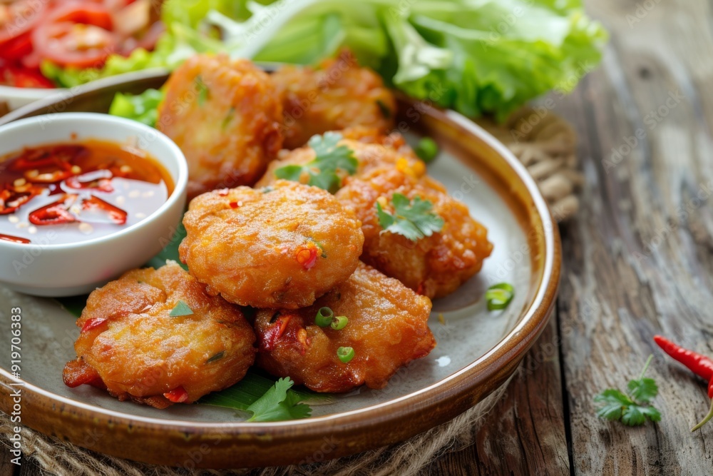 Akara: Fried bean cakes arranged on a plate with a side of chili sauce Akara: Fried bean cakes arranged on a plate with a side of chili sauce