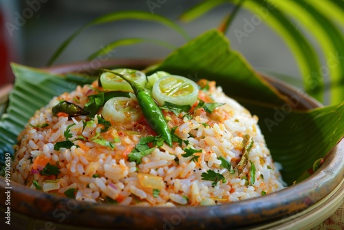 Panta Bhat: Fermented rice served with green chilies and onions photo