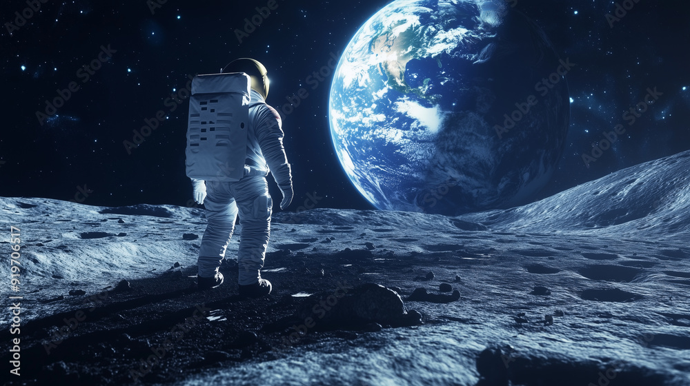 Fototapeta premium The astronaut gazes down from the moon's surface, marveling at the vibrant blue and green orb of Earth glowing against the vast expanse of darkness. 