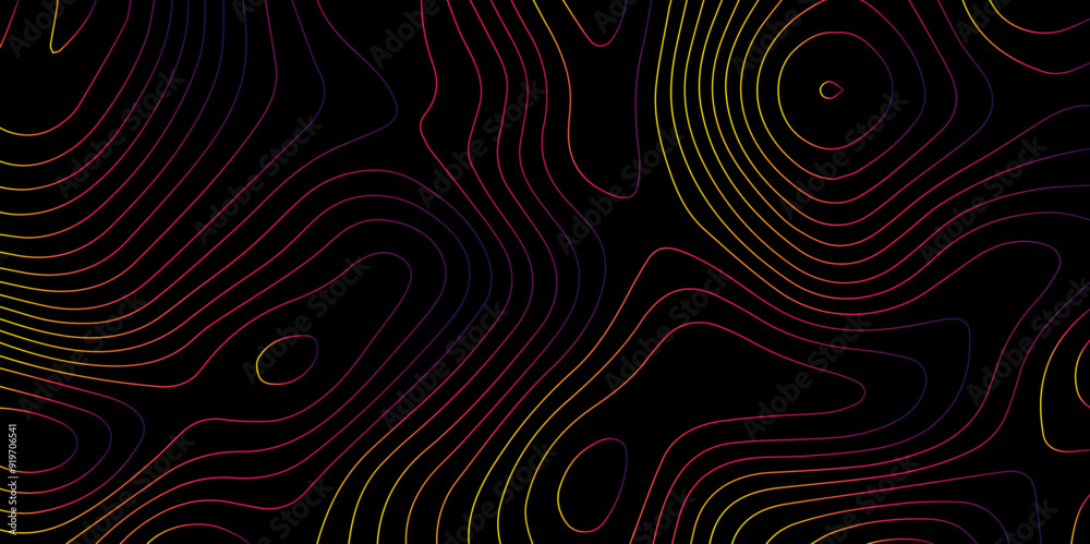 Abstract light pattern Vector illustration. Topographic map background concept. Vibrant neon lights pulsating patterns. Colorful topography contour lines isolated on black background. Abstract light pattern Vector illustration. Topographic map background concept. Vibrant neon lights pulsating patterns. Colorful topography contour lines isolated on black background.