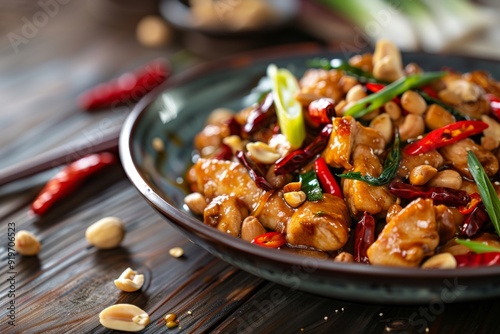 Kung Pao Chicken: A plate of Kung Pao chicken with peanuts and chili peppers, garnished with scallions photo