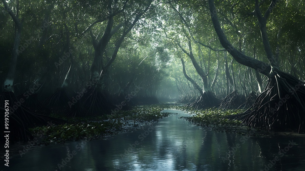 Serene morning mist shrouds emerald forest, reflecting golden sunlight on tranquil river Serene morning mist shrouds emerald forest, reflecting golden sunlight on tranquil river