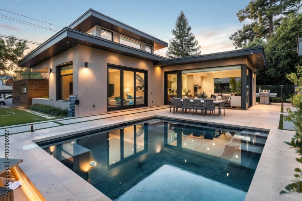 Fototapeta premium Small modern design home with backyard pool