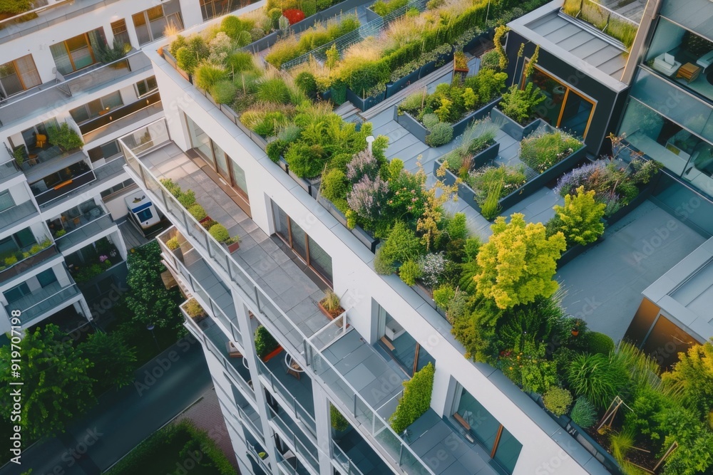 Aerial view of a rooftop garden on top of modern building Aerial view of a rooftop garden on top of modern building