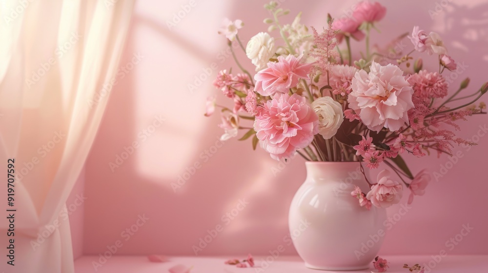 Obraz premium Pink Bouquet with White Vase in a Sunlit Room