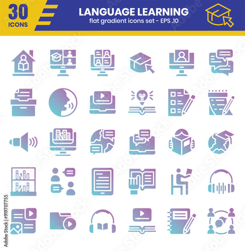 Language learning flat gradient icon set. Vector illustration