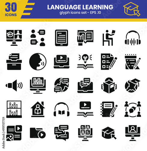 Language learning glyph icon set.