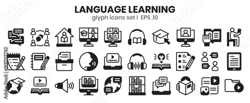 Language learning glyph icon set. Vector illustration