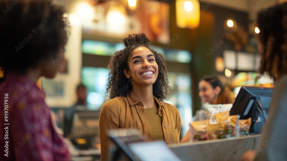 Sales staff are greeting customers with smiles at the storefront or reception area. Sales staff are greeting customers with smiles at the storefront or reception area.
