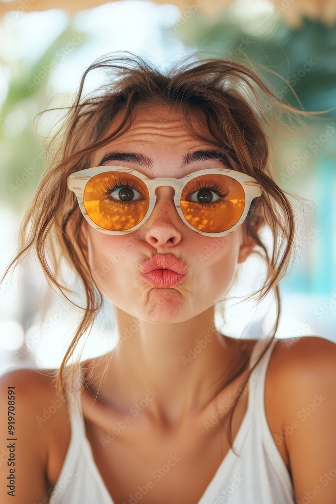 Cute girl in sunglasses making a funny face, Generative AI Cute girl in sunglasses making a funny face, Generative AI