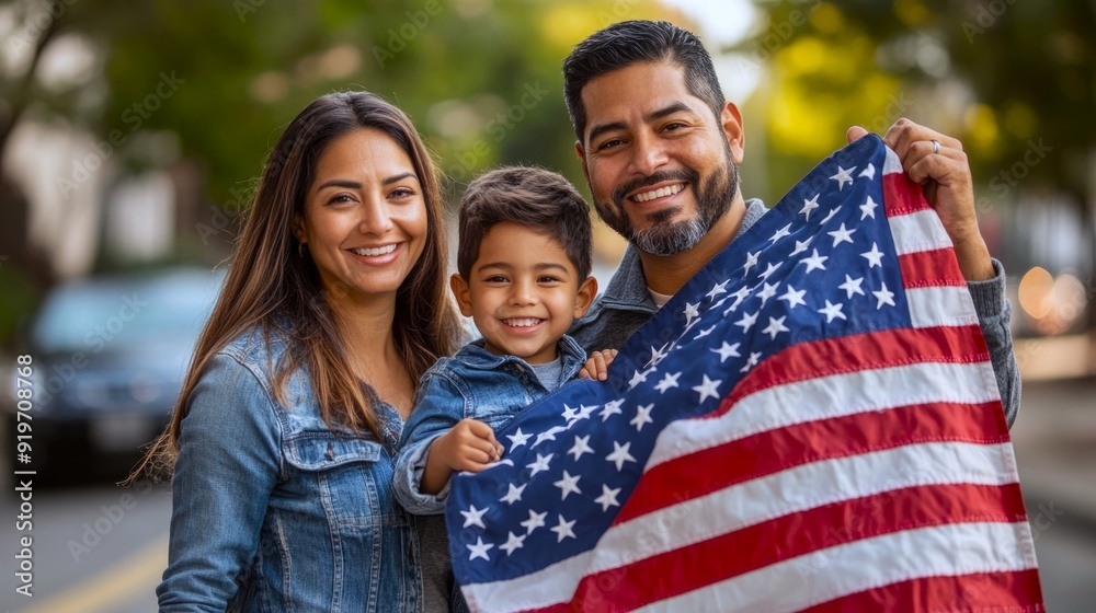 Happy young Latino American family with kid holding an big American flag, smiling on the street during the USA presidential election 2024. Happy young Latino American family with kid holding an big American flag, smiling on the street during the USA presidential election 2024.