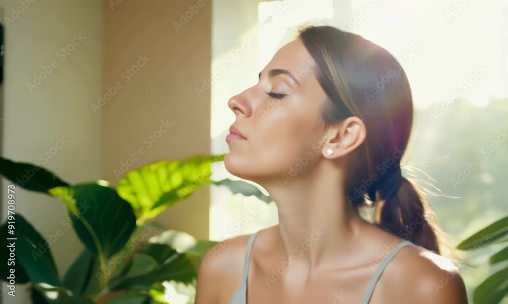Head and shoulders video of serene woman practicing yoga in a tranquil studio environment Head and shoulders video of serene woman practicing yoga in a tranquil studio environment
