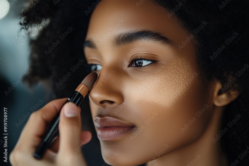 Obraz premium A young woman receives makeup application with a brush in a modern beauty studio during daylight