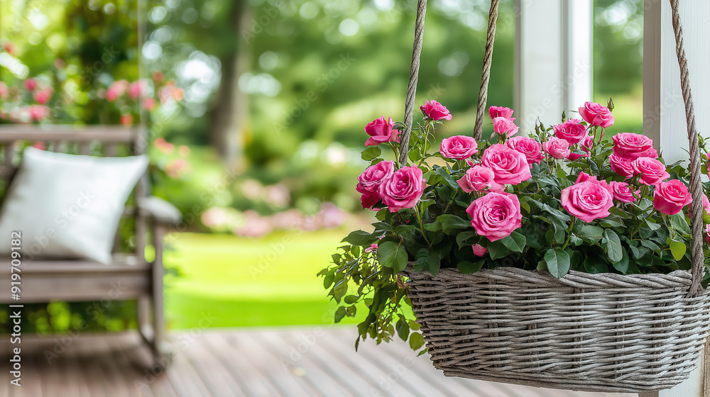 Pink roses hanging in wicker basket on porch swing. .. Pink roses hanging in wicker basket on porch swing. ..