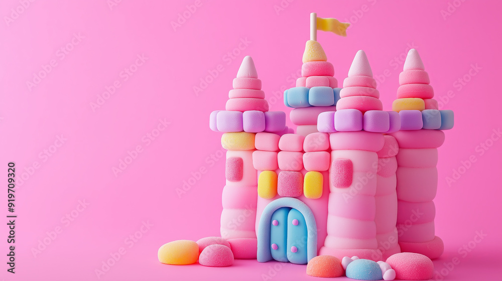 Candy castle with pink and blue accents on pink background. .. Candy castle with pink and blue accents on pink background. ..