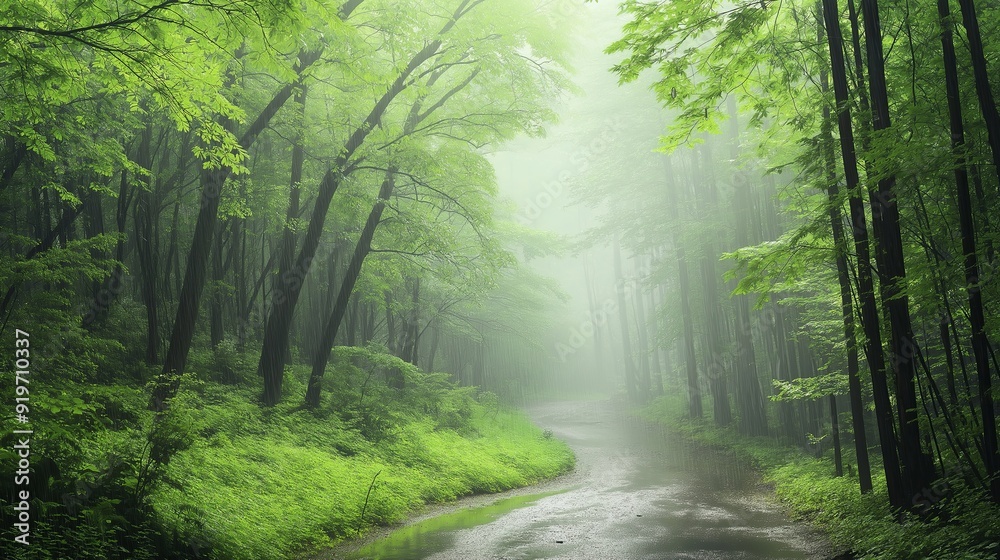 Obraz premium green forest with a winding path that disappears into the misty distance