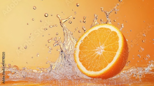 Close-up of a fresh orange slice splashing into water with a bright orange background.