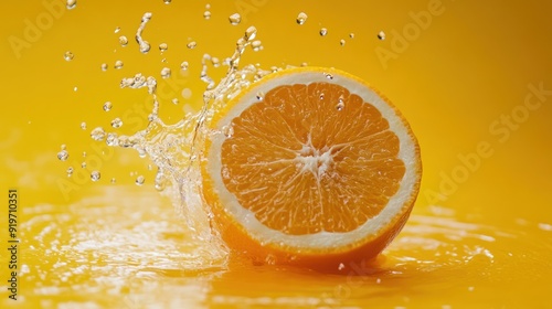 A juicy orange half splashing into a pool of water, creating a vibrant and refreshing scene.