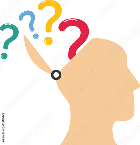 Human head doubts and questioning everything. Human head surrounded by a question mark. Flat cartoon vector illustration.

