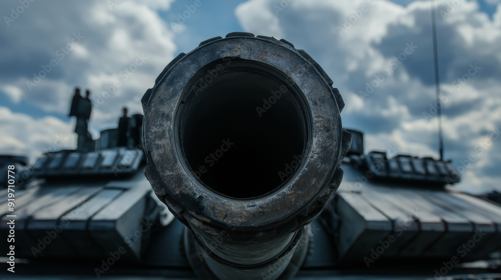 Close-up of tank cannon barrel, cloudy sky background. Close-up of tank cannon barrel, cloudy sky background.
