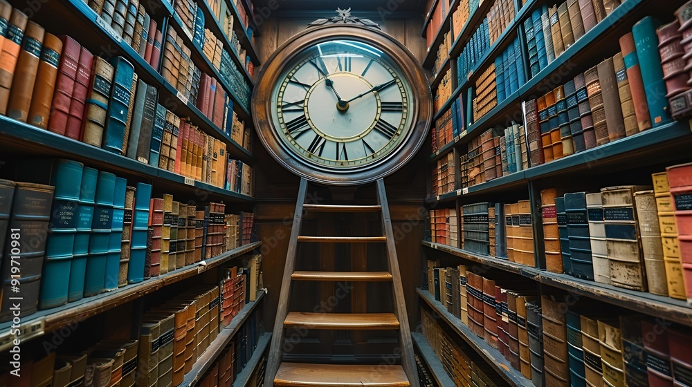 A ladder ascends towards a large clock mounted on the wall of a library. A ladder ascends towards a large clock mounted on the wall of a library.