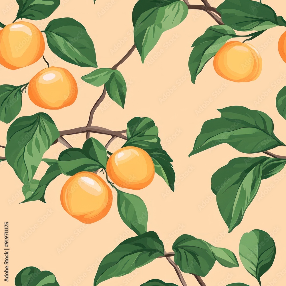 Seamless pattern with ripe orange fruit on green leaves and branches. Seamless pattern with ripe orange fruit on green leaves and branches.