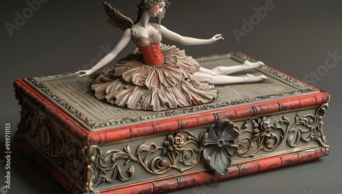 A figurine depicting a woman gracefully seated atop a decorative box. photo