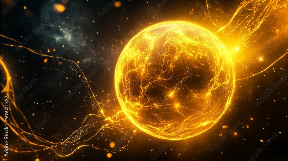 Obraz premium Vibrant yellow futuristic electrons spinning around a translucent sphere.
