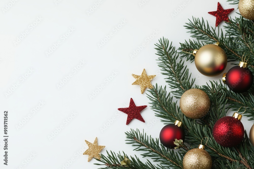 Elegant Christmas composition featuring fir branches with golden and red stars and balls on a pristine white background Elegant Christmas composition featuring fir branches with golden and red stars and balls on a pristine white background