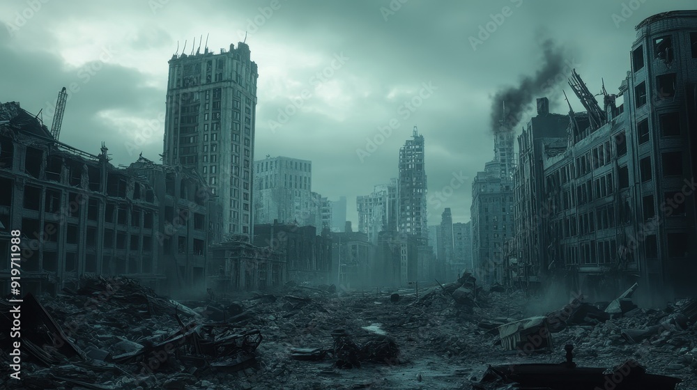 Obraz premium City in ruins due to military robots in post-apocalyptic 