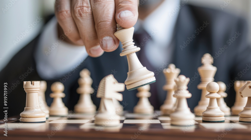 A close-up of a hand moving a chess piece during a strategic game on a wooden chessboard. A close-up of a hand moving a chess piece during a strategic game on a wooden chessboard.