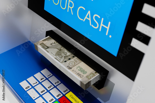 ATM Machine Closeup with Indian Rupee 500 Note Bundle - 3D Illustration