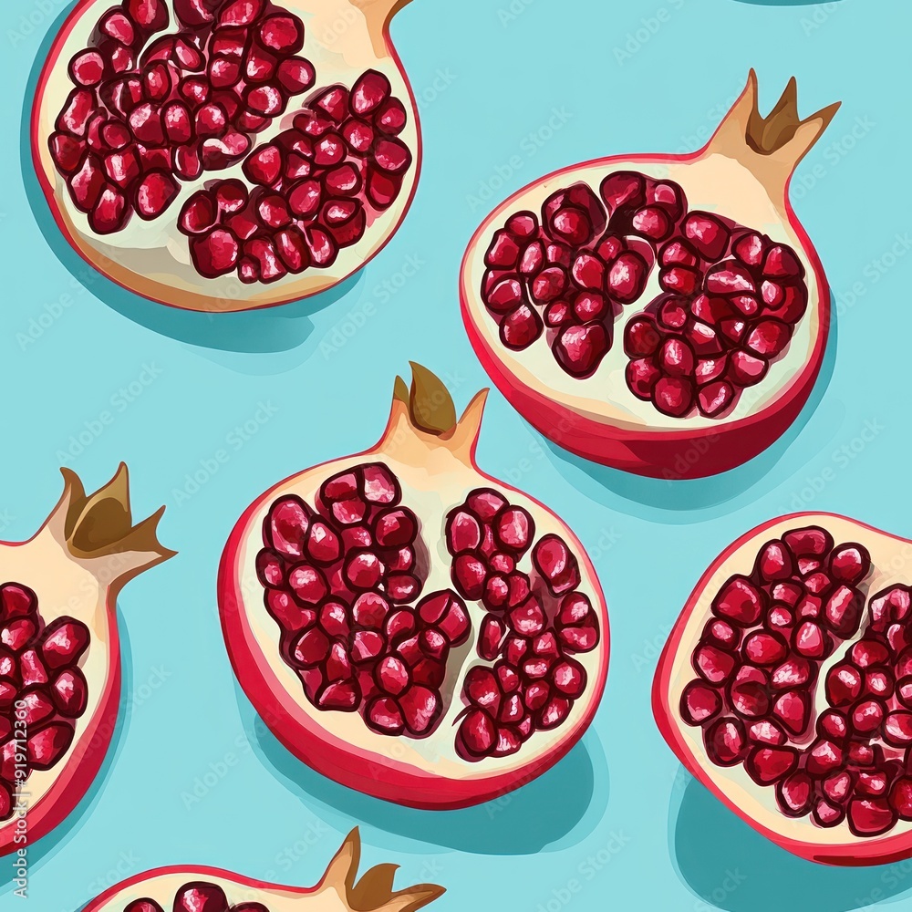 Half of red pomegranates with visible seeds, on a blue background. Half of red pomegranates with visible seeds, on a blue background.
